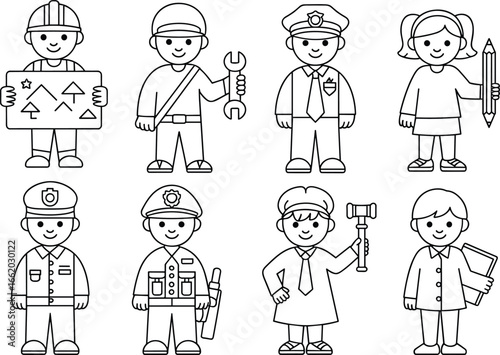Cartoon children dressed as professionals, educational career roles, kids in job uniforms, diverse occupations illustration, future dream job concept