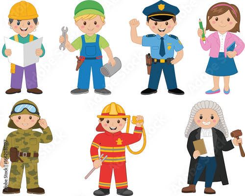 Cartoon children dressed as professionals, educational career roles, kids in job uniforms, diverse occupations illustration, future dream job concept
