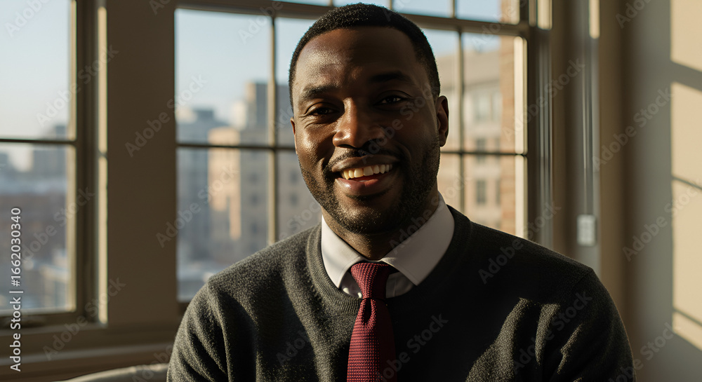 Fototapeta premium Cheerful african american businessman portrait with city view background