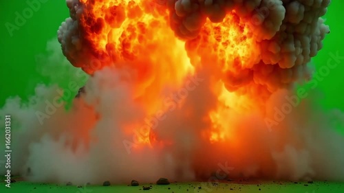 Intense fiery explosion erupts with smoke and debris, dramatic impact captured in motion.