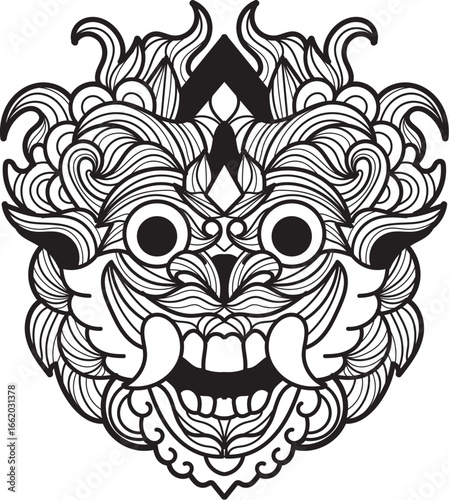 Intricate black and white line art illustration of a Balinese Barong mask, featuring detailed patterns and a fierce expression with prominent teeth.
