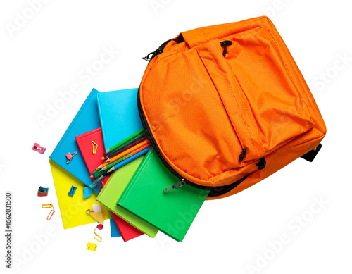 Top-Down View of Open Orange Backpack with Books and Stationery, Transparent Background PNG