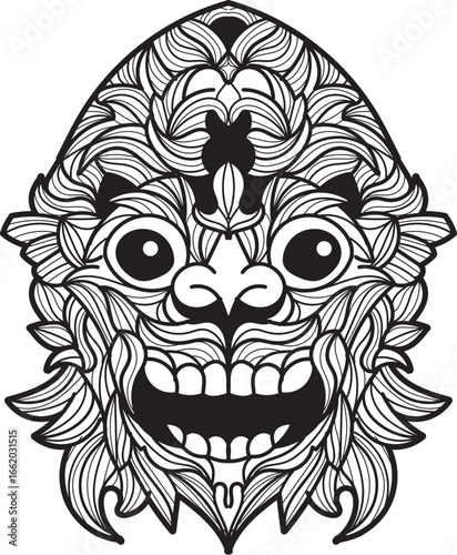 Intricate black and white line art illustration of a Balinese Barong mask, featuring detailed patterns and a fierce expression with prominent teeth.
