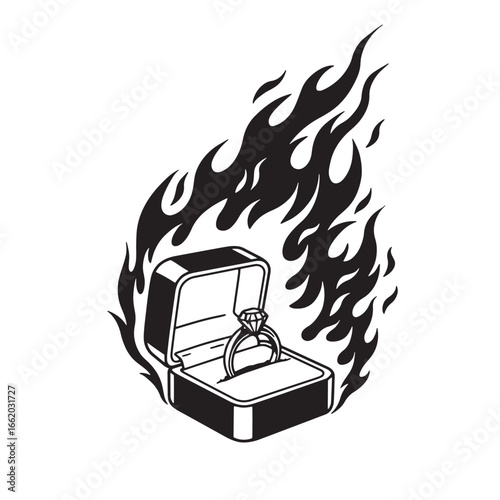 Burning engagement ring concept depicting rejection or broken promise in black and white