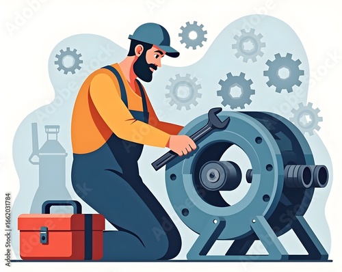 Surreal water droplet Mechanic man wrench repairs gears in workshopholds island tree and whale