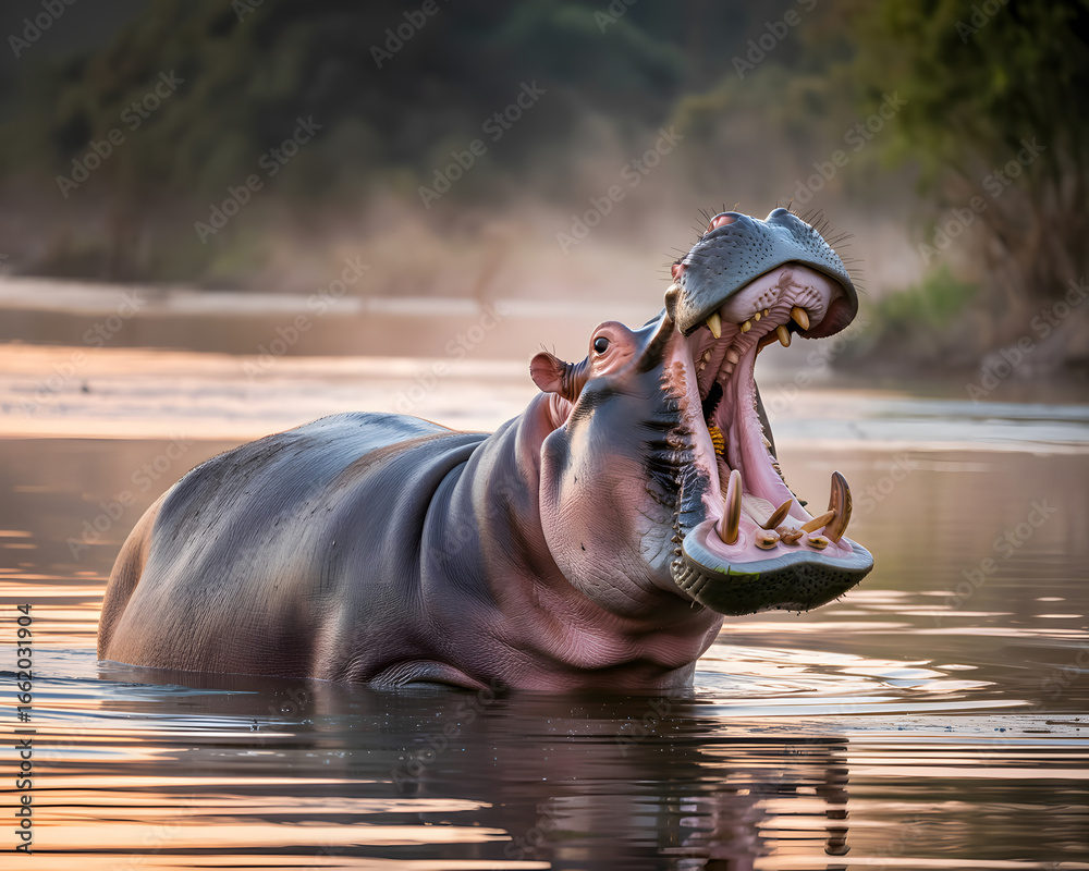 Fototapeta premium Hippopotamus displaying its wide open mouth in a body of water, possibly a river 