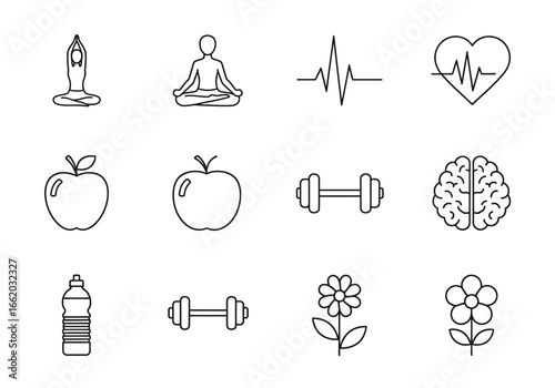 A collection of thin line icons for health and wellness. Vector symbols for yoga, fitness, nutrition, and mental wellbeing concepts.