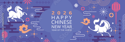 Festive 2026 Chinese New Year background with horses, lanterns, clouds, and traditional decorative elements in Flat Design Style, for Card and Banner Templates