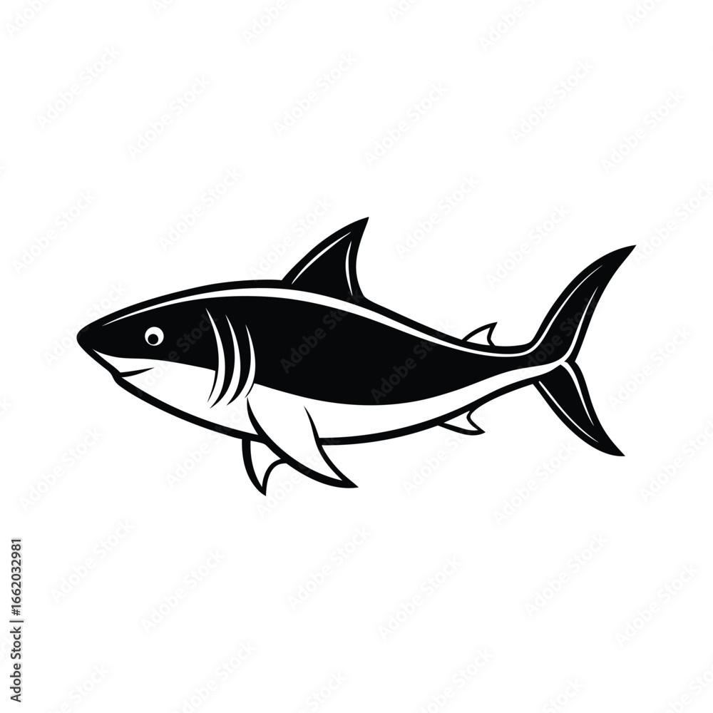 Fototapeta premium Shark fish silhouette vector art – marine animal design illustration. Black Shark Ocean Predator graphic design.