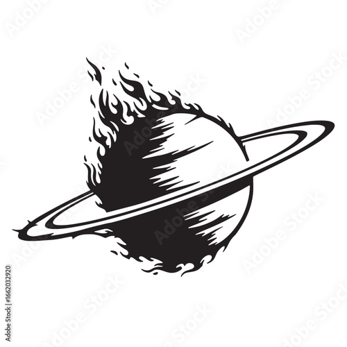 Burning planet with rings depicting a cosmic event isolated on white background for design