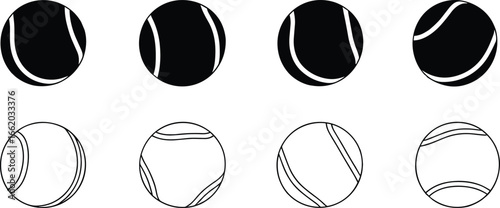 Tennis ball icon set, sport equipment illustration, tennis game symbols, ball design collection, black and white tennis balls, sport icons pack, tennis ball graphics, athletic equipment icons,
