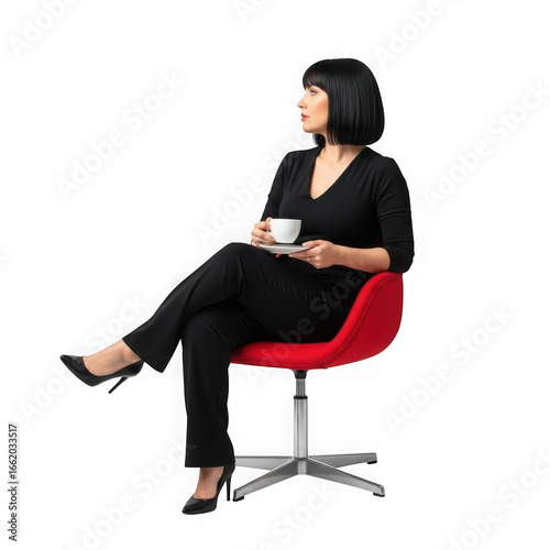 Relaxed woman in black attire holds coffee cup sitting on modern red chair transparent background
