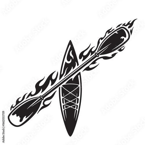 Fiery kayak and paddle design with tribal flame elements in black and white illustration