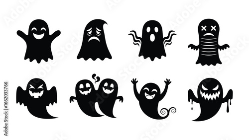 Spooky Silhouette Ghosts: A collection of creatively designed silhouette ghosts, each expressing a unique emotion, ready to spook and celebrate the Halloween season.