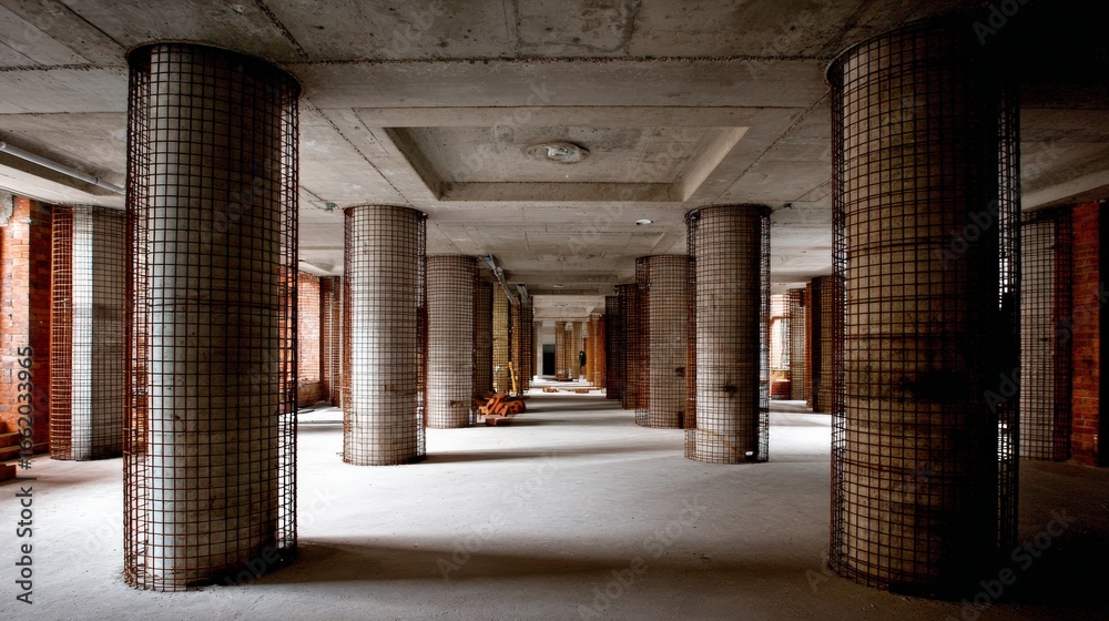 Fototapeta premium Industrial interior space featuring grid columns and concrete structure