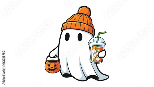 Friendly Ghost in Halloween Style: A charming animated ghost in an orange cap, carrying a pumpkin bucket, enjoying a refreshing iced beverage, embodying the essence of Halloween.