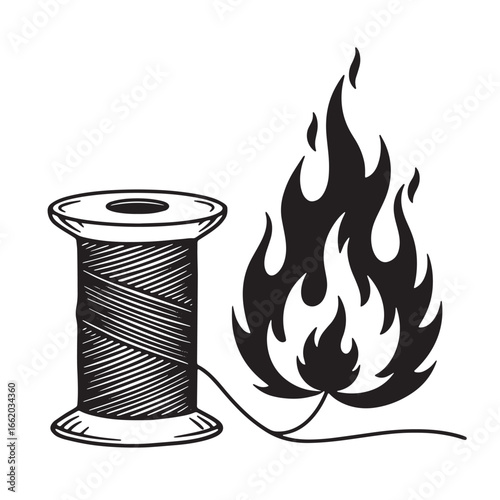 Illustration of a spool of thread with flames representing a burning passion