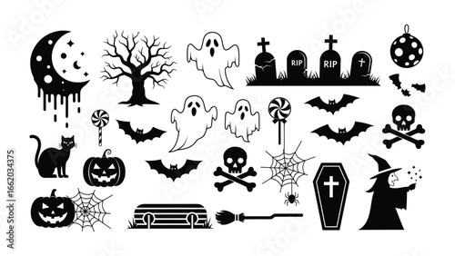 Halloween Silhouettes: An array of haunting silhouettes depicting a collection of spooky elements like ghost, skull and crossbones, bats, witches, and other spooky icons