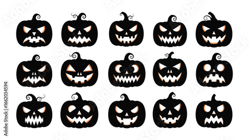 Spooky Pumpkins: A collection of uniquely carved Jack-o'-lanterns with sinister grins against dark background, capturing the essence of Halloween spirit.