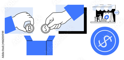 Hands transfer coins into a box, storefront with medical products, bag, and a dollar icon. Ideal for finance, cryptocurrency, giving, trading e-commerce healthcare donations. Simple flat metaphor