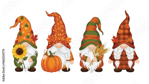 Autumnal Gnome Quartet: A whimsical collection of four autumnal gnomes, each exuding charm with distinctive features, celebrating the essence of fall in a joyful, illustrative presentation.