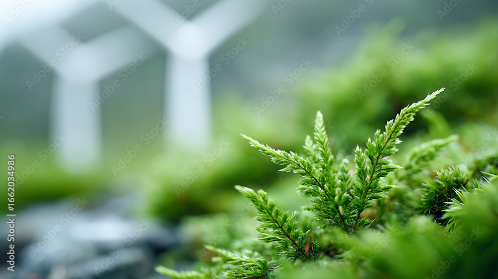 Green plants with blurred wind turbines in the background - renewable energy and sustainability. Green plants with blurred wind turbines in the background - renewable energy and sustainability.