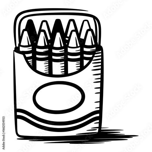 Hand drawn sketch illustration of crayons pack in black and white vector style