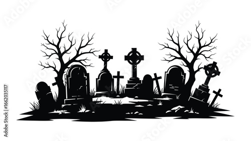 Eternal Rest: A silhouetted graveyard scene, rendered in dramatic detail, evokes a sense of somber reflection. Featuring gravestones and bare trees under a twilight sky.