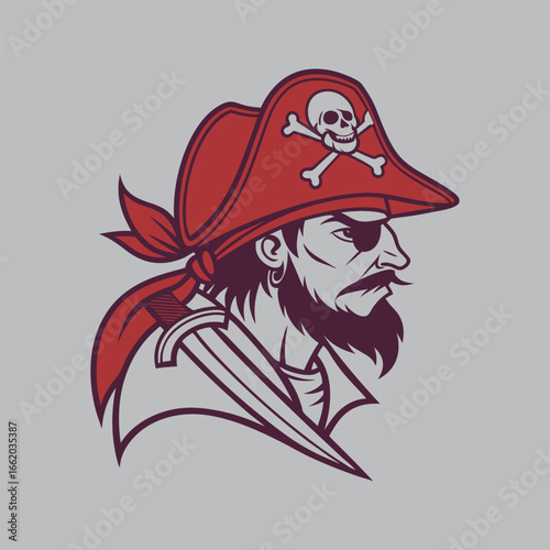 Fierce pirate head profile with red hat skull and crossbones and sword ready for adventure vector