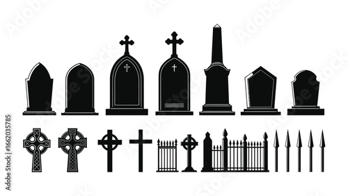 Tombstone Collection Silhouette: A collection of classic tombstone silhouettes provides a glimpse into various cemetery designs, each embodying solemn memories and cultural symbols.