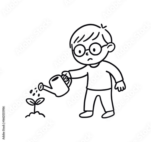 Doodle line comic style vector illustration asian boy with round glasses gardening with watering can black outline simple imperfect lines minimal details isolated on white