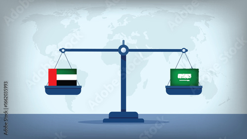 Balance Scale with Saudi Arabia vs UAE Flags , International Relations and Global Trade Concept Vector