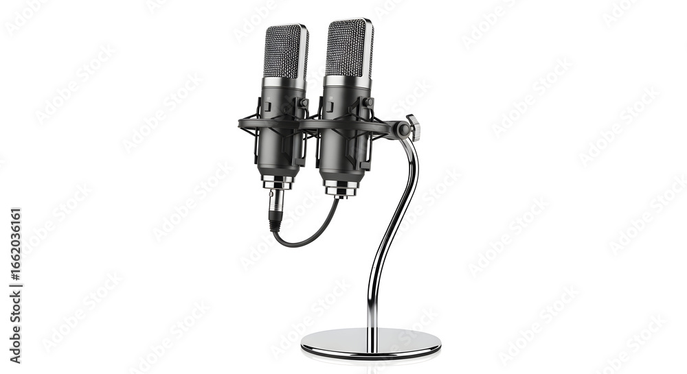 Fototapeta premium Professional Dual Microphone on Sleek Metal Stand for Recording Studio or Podcast