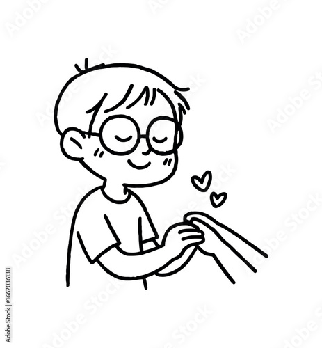 Doodle line comic style vector illustration asian boy with round glasses romantic moment holding hands with partner black outline simple imperfect lines minimal details isolated on white