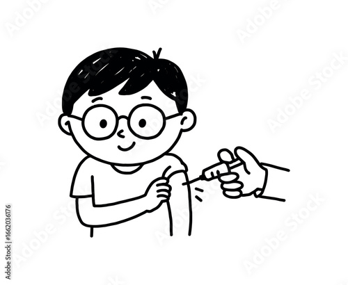 Doodle line comic style vector illustration asian boy with round glasses getting vaccination shot at clinic black outline simple imperfect lines minimal details isolated on white