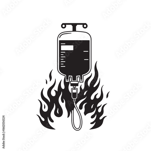 Symbolic representation of infusion bag in flames depicting urgent medical situations