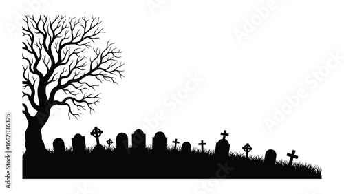 Silent Sentinel: A stark silhouette of a graveyard scene evokes a sense of solemnity and reflection, depicting tombstones beneath a bare tree.
