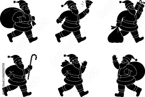 minimal black silhouette images of Santa Claus in various marching poses