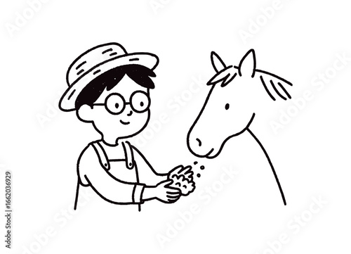 Doodle line comic style vector illustration asian boy with round glasses farmer feeding horse black outline simple imperfect lines minimal details isolated on white