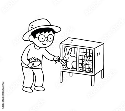 Doodle line comic style vector illustration asian boy with round glasses farmer feeding rabbits hutch black outline simple imperfect lines minimal details isolated on white