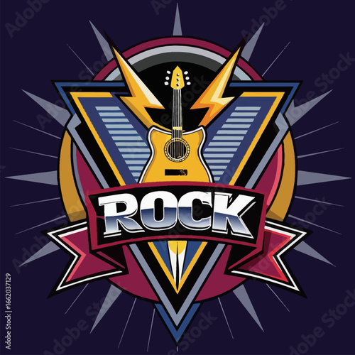 Vibrant rock music emblem design featuring guitar and lightning bolts for energetic branding projects