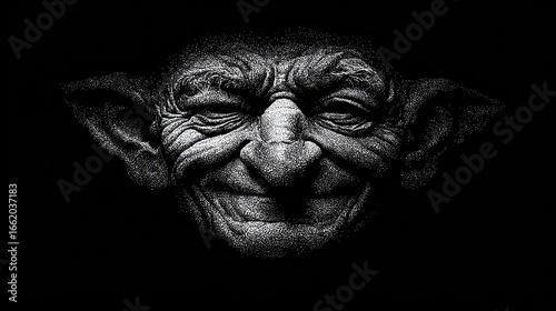Black and white portrait of a grinning goblin face in a dark, detailed stipple drawing