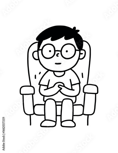 Doodle line comic style vector illustration asian boy with round glasses sitting cinema watching movie black outline simple imperfect lines minimal details isolated on white