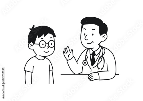 Doodle line comic style vector illustration asian boy with round glasses visiting doctor clinic black outline simple imperfect lines minimal details isolated on white