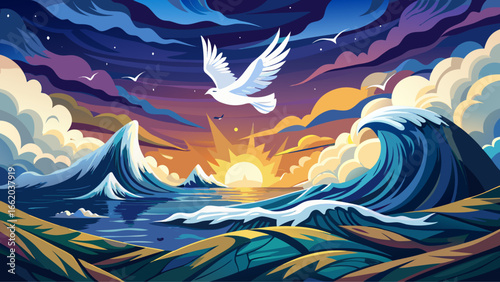 Stormy sea surges, waves crashing violently, a single dove flying overhead, fragile wings glowing, peace within chaos emerges, dark clouds roar, silver light breaks, serenity breathes, eternal harmony