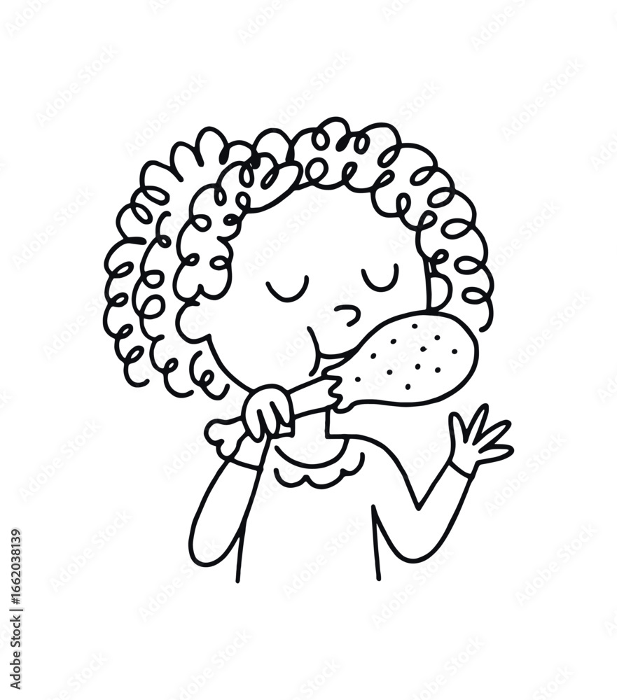 Obraz premium Doodle line comic style vector illustration African girl with curly hair eating turkey leg thanksgiving mood black outline simple imperfect lines minimal details isolated on white