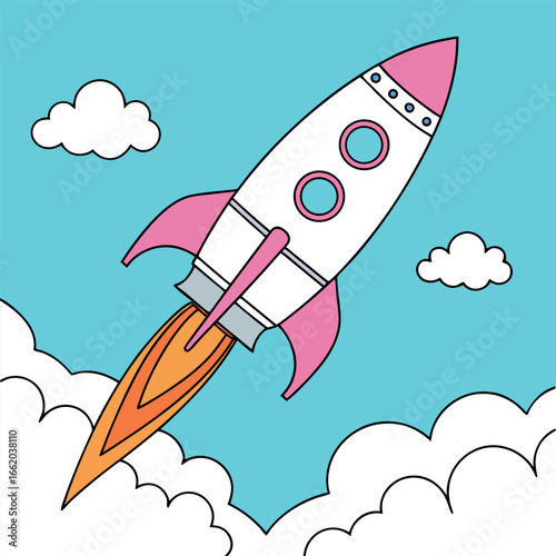 Cute Cartoon Rocket Launching into the Sky with Clouds and Fire Trail