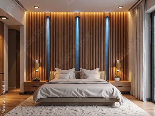 Modern Cozy Bedroom with Wood Paneling and Ambient LED Lighting