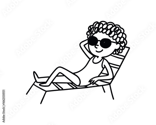 Doodle line comic style vector illustration African girl with curly hair sunbathing on beach chair with sunglasses black outline simple imperfect lines minimal details isolated on white