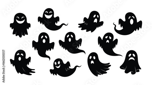 Spooky Specters: A collection of spectral figures in varying shapes and expressions, perfect for adding a touch of Halloween atmosphere. 